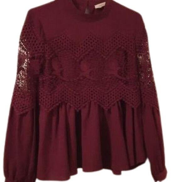 Onetheland Burgundy Blouse w crochet detailing Boho Chic Size Med - Picture 2 of 6
